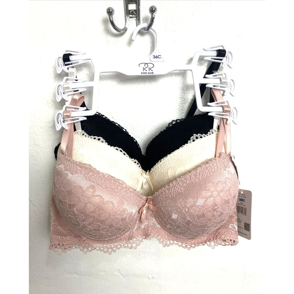 Rene Rofe  Extrem Push Up Bra 3 Pack Size 36C Lace Floral Pink Beige Black